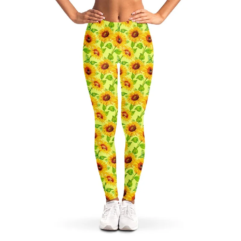 Bonus Savings Beige Watercolor Sunflower Pattern Print Women's Leggings