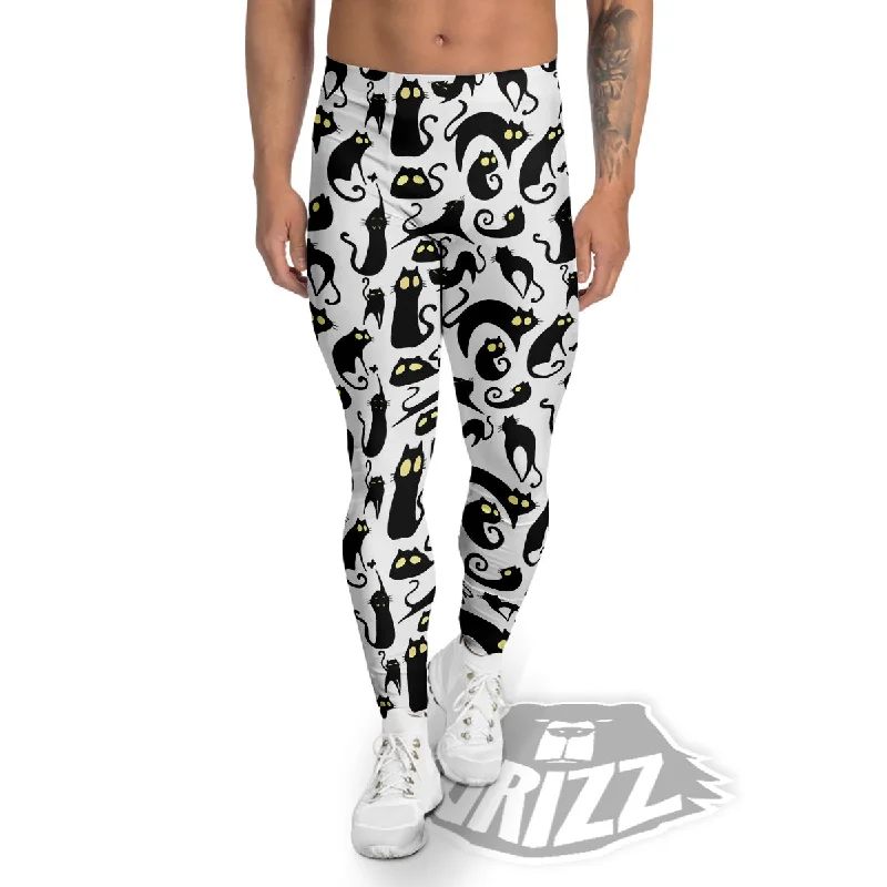 Big Eye Black Cat Halloween Print Pattern Men's Leggings