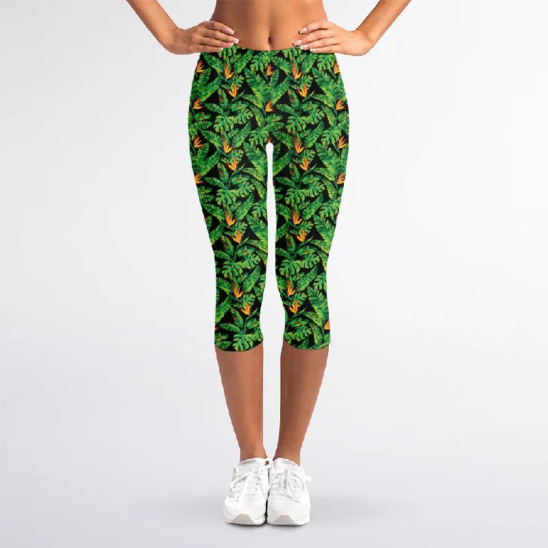 The Best Prices Bird Of Paradise And Palm Leaves Print Women's Capri Leggings