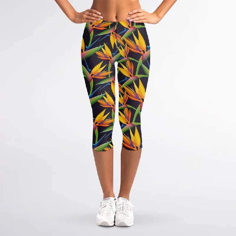 Huge Discounts Bird Of Paradise Flower Pattern Print Women's Capri Leggings