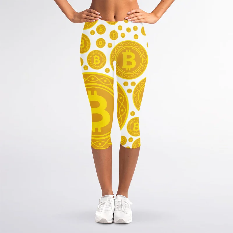 Online Only Bitcoin Crypto Pattern Print Women's Capri Leggings