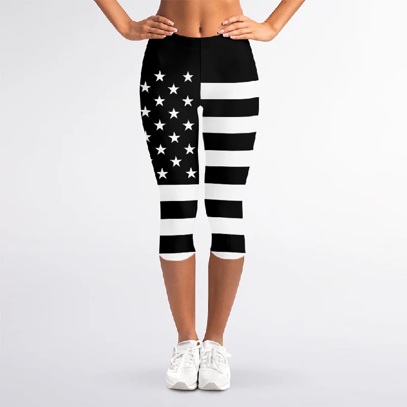 Bonus Savings Black American Flag Print Women's Capri Leggings