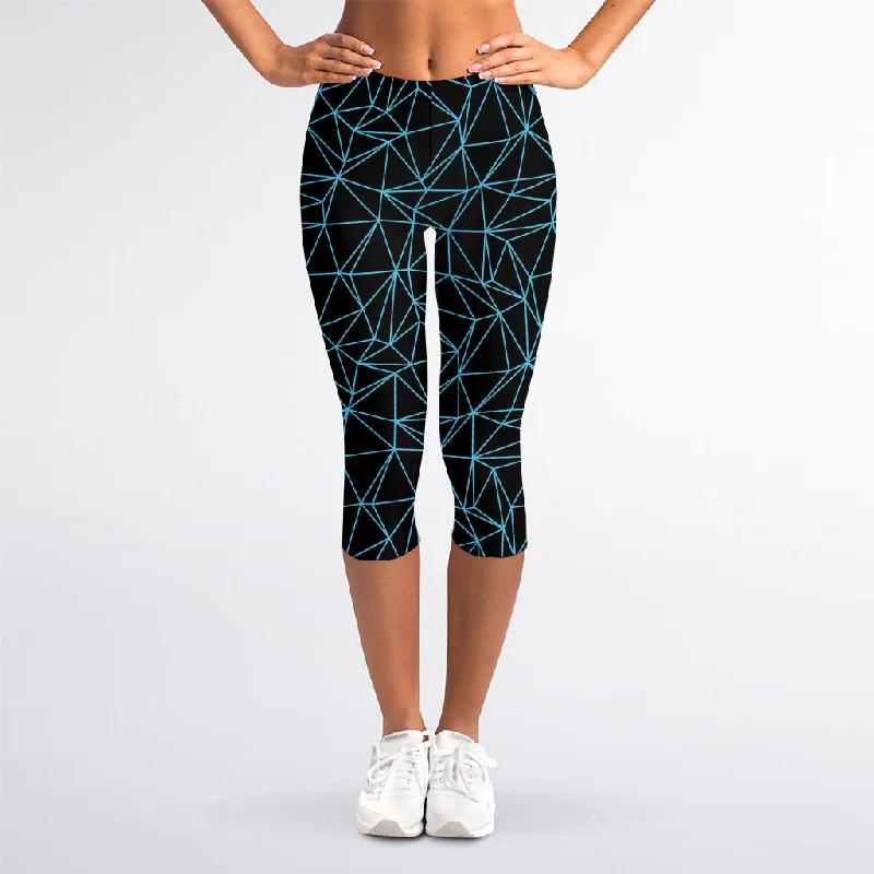 Closeout Black And Blue Geometric Mosaic Print Women's Capri Leggings