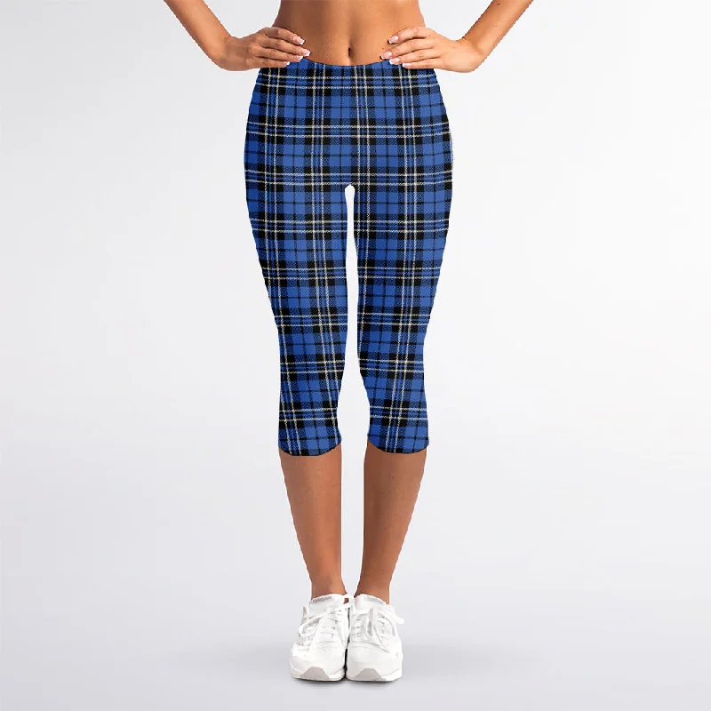 Today's Special Black And Blue Tartan Pattern Print Women's Capri Leggings