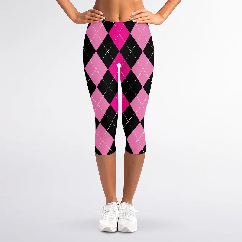 Online Specials Black And Deep Pink Argyle Pattern Print Women's Capri Leggings