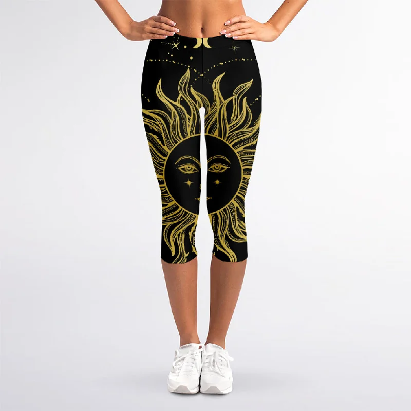 Unmissable Offer Black And Gold Celestial Sun Print Women's Capri Leggings