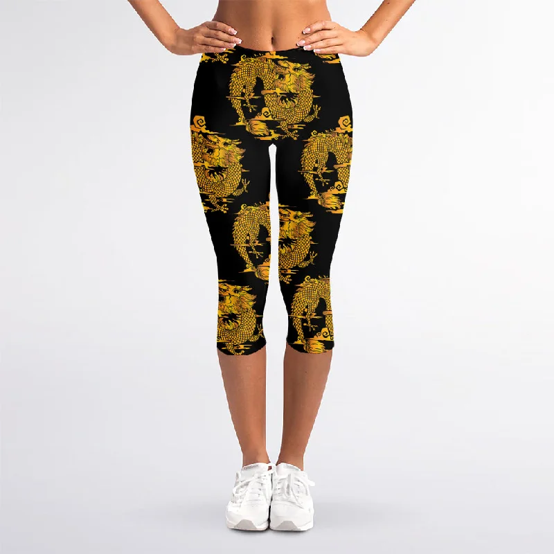 Fantastic Deals Black And Gold Dragon Pattern Print Women's Capri Leggings