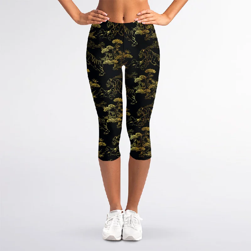 Best Deals Black And Gold Japanese Tiger Print Women's Capri Leggings