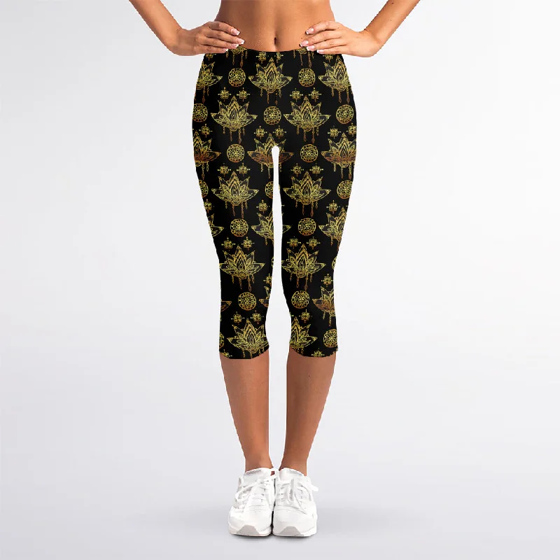 Take Advantage Black And Gold Lotus Flower Print Women's Capri Leggings