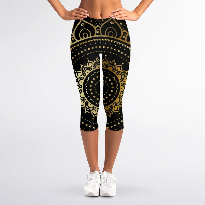 Markdowns Black And Gold Mandala Print Women's Capri Leggings