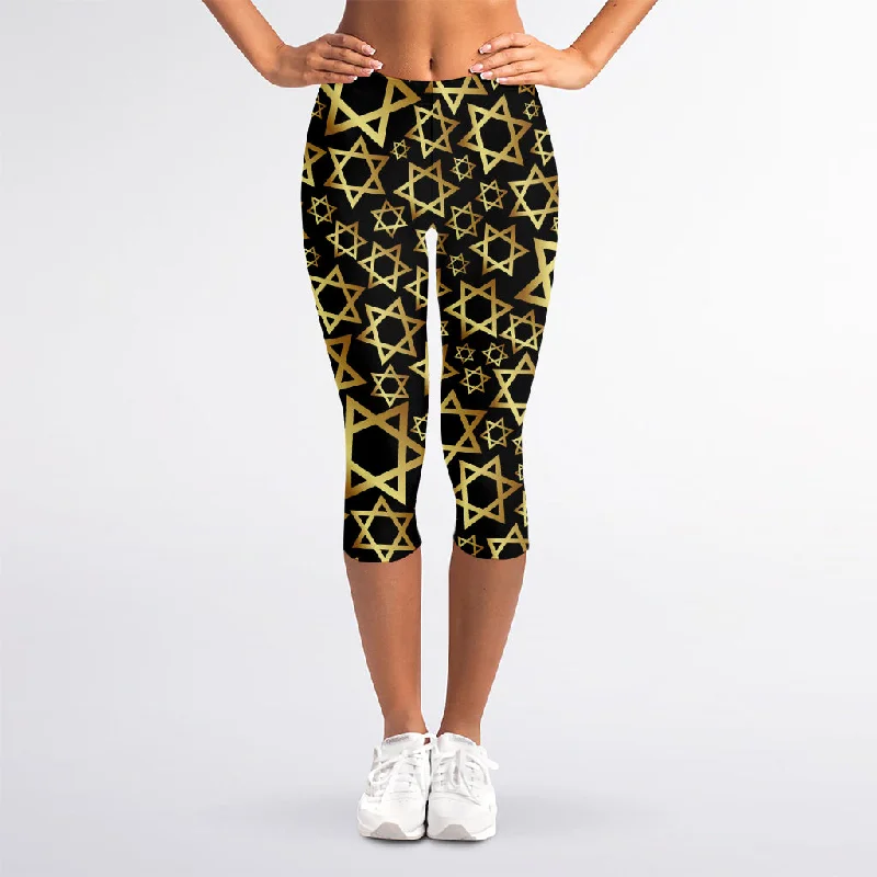 Quick Sale Black And Gold Star of David Print Women's Capri Leggings