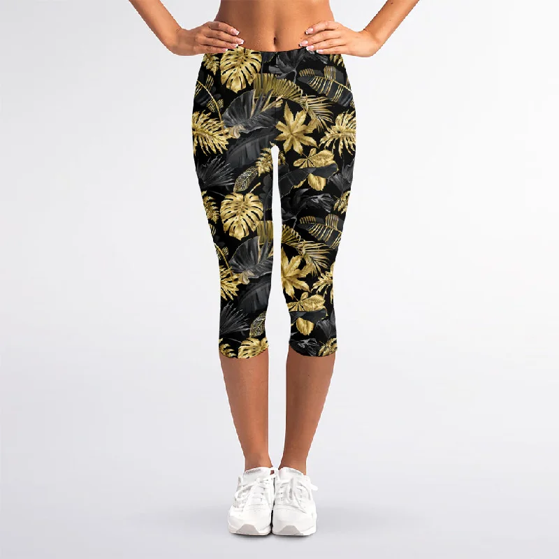 Now or Never Black And Gold Tropical Pattern Print Women's Capri Leggings