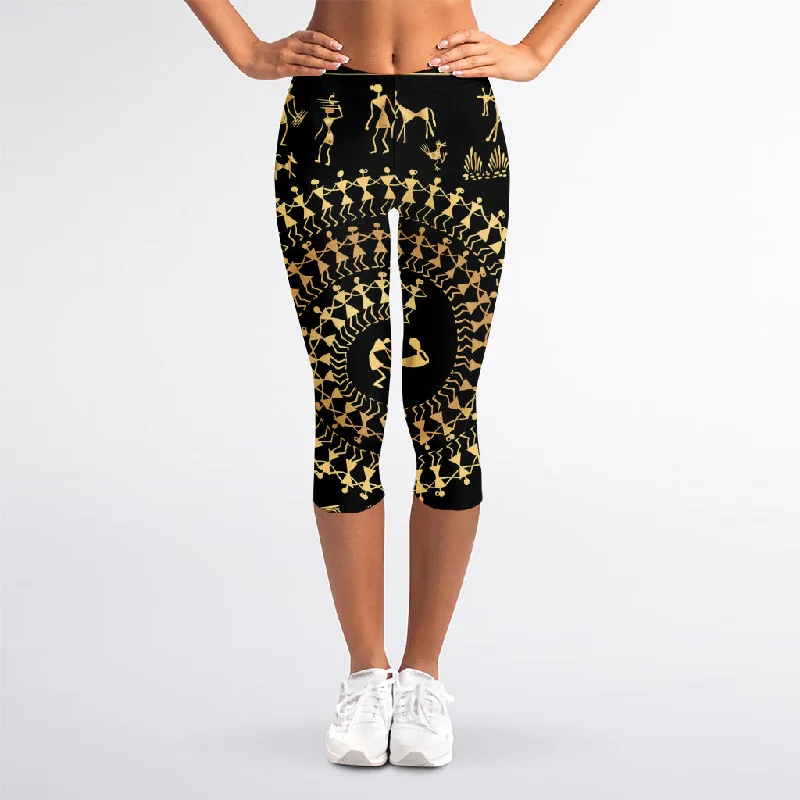 Daily Deals Black And Gold Warli Tribal Print Women's Capri Leggings