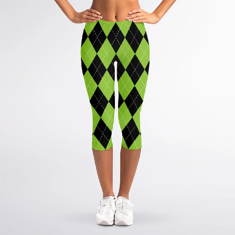 Midnight Madness Black And Green Argyle Pattern Print Women's Capri Leggings