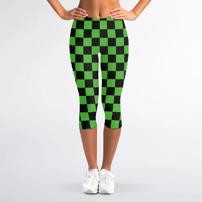 Low Prices Black And Green Checkered Print Women's Capri Leggings