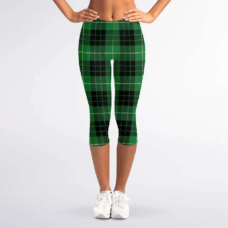 Extra Savings Black And Green Tartan Pattern Print Women's Capri Leggings