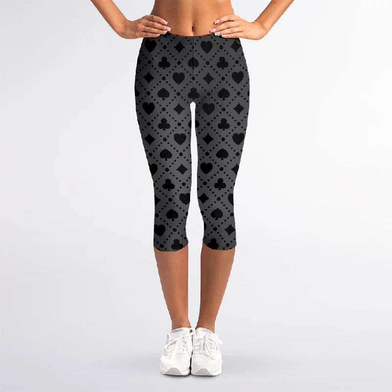 Discount Deals Black And Grey Playing Card Suits Print Women's Capri Leggings