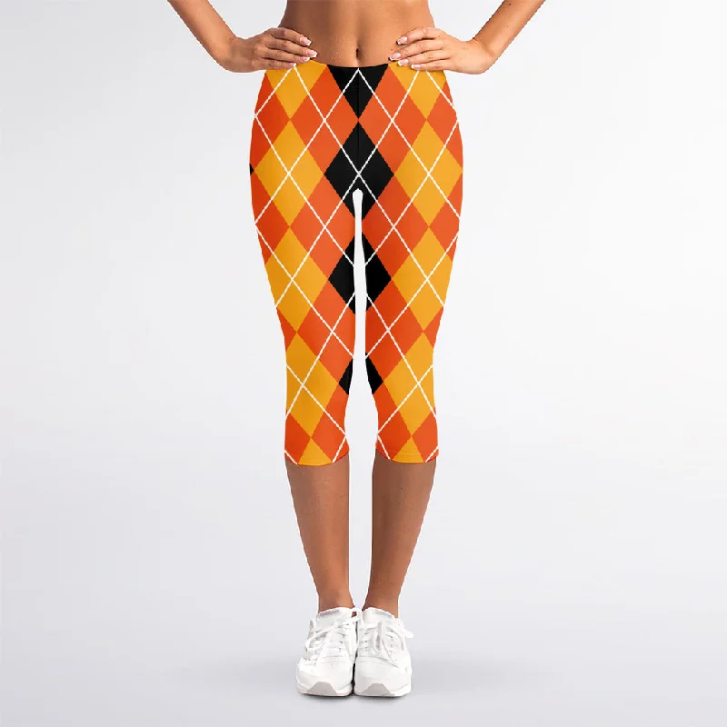 Discount Extravaganza Black And Orange Argyle Pattern Print Women's Capri Leggings