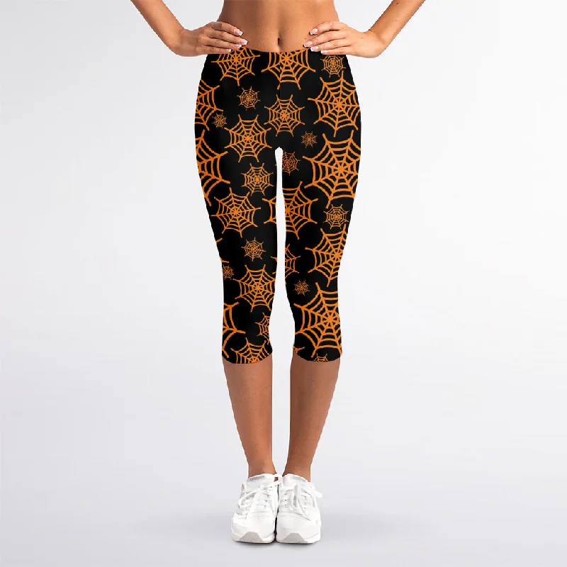 Factory Direct Sale Black And Orange Spider Web Print Women's Capri Leggings