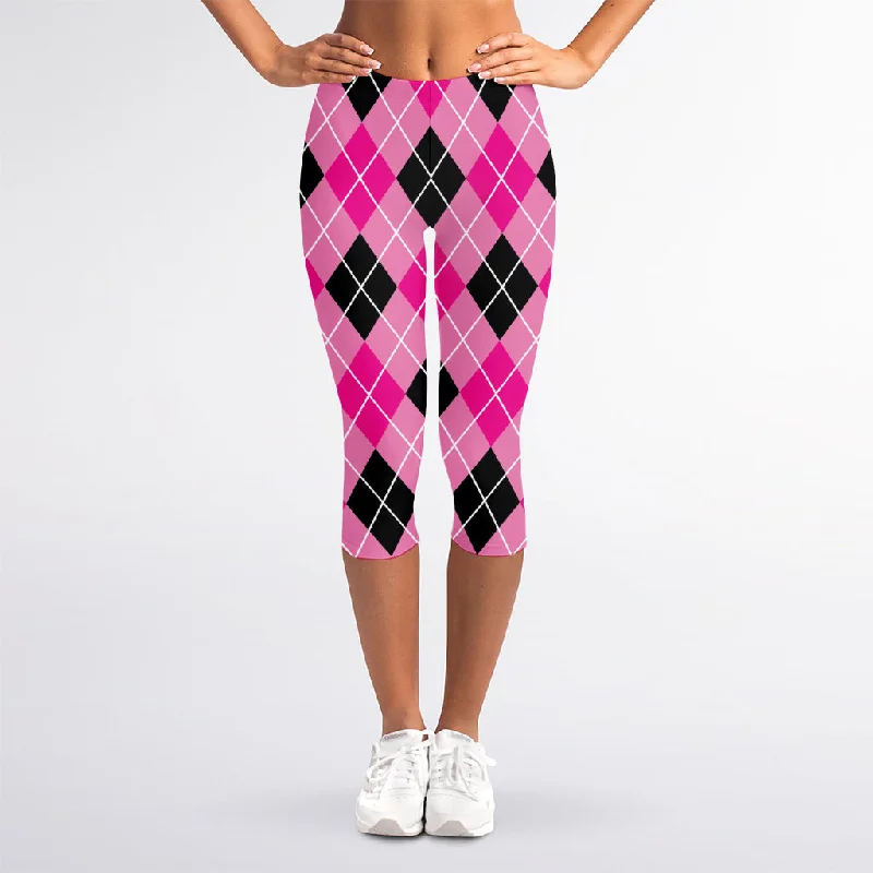 Price Break Black And Pink Argyle Pattern Print Women's Capri Leggings