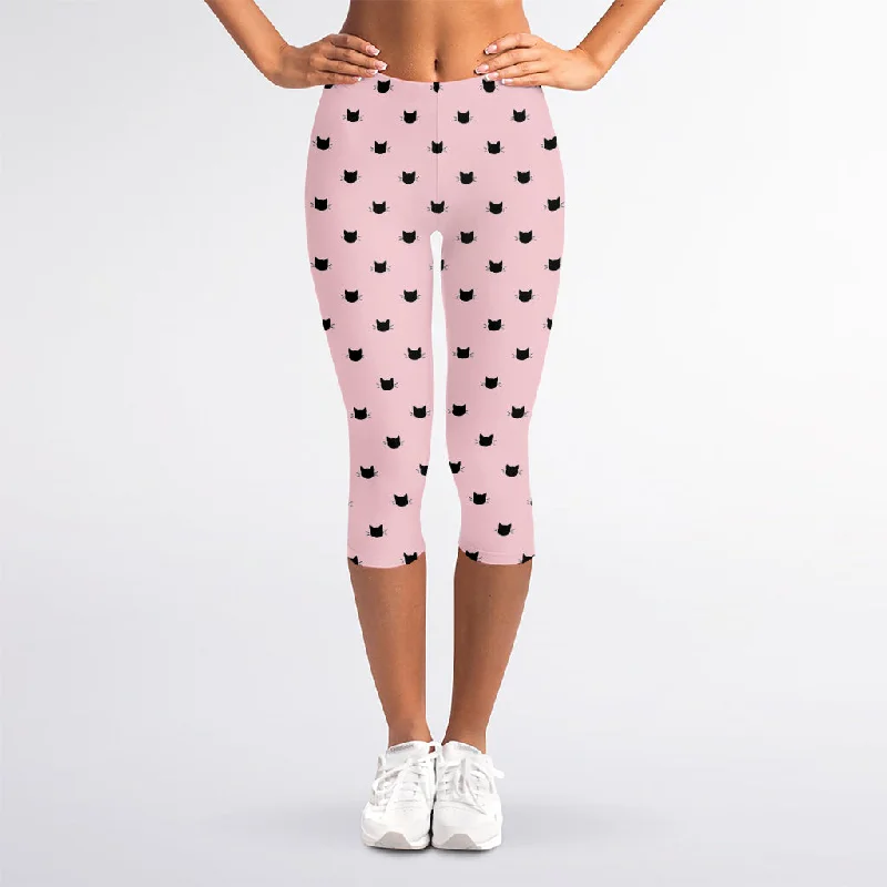 Super Sale Black And Pink Cat Pattern Print Women's Capri Leggings