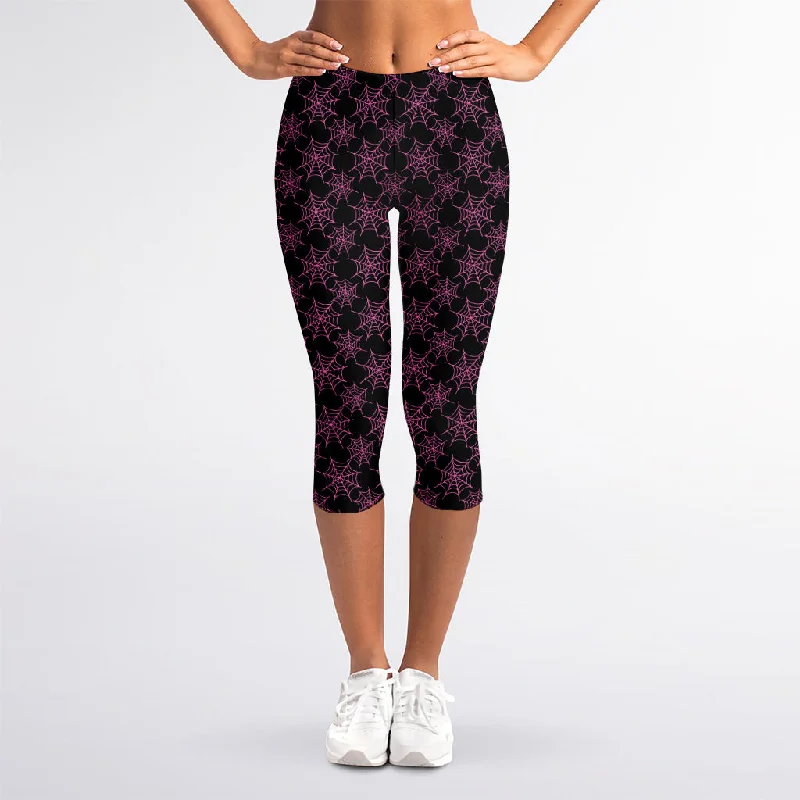 Online Exclusive Black And Pink Spider Web Pattern Print Women's Capri Leggings