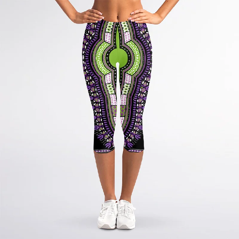 Customer Appreciation Sale Black And Purple African Dashiki Print Women's Capri Leggings