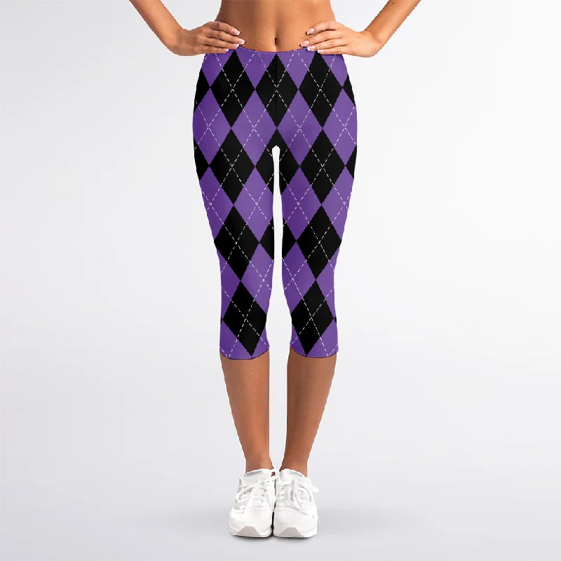 Special Buy Black And Purple Argyle Pattern Print Women's Capri Leggings