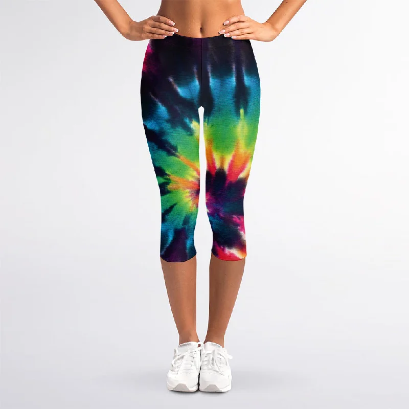 Blowout Sale Black And Rainbow Tie Dye Print Women's Capri Leggings