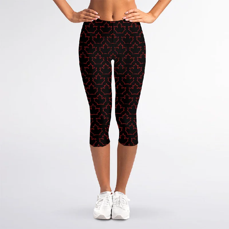 Friends and Family Sale Black And Red Canadian Maple Leaf Print Women's Capri Leggings