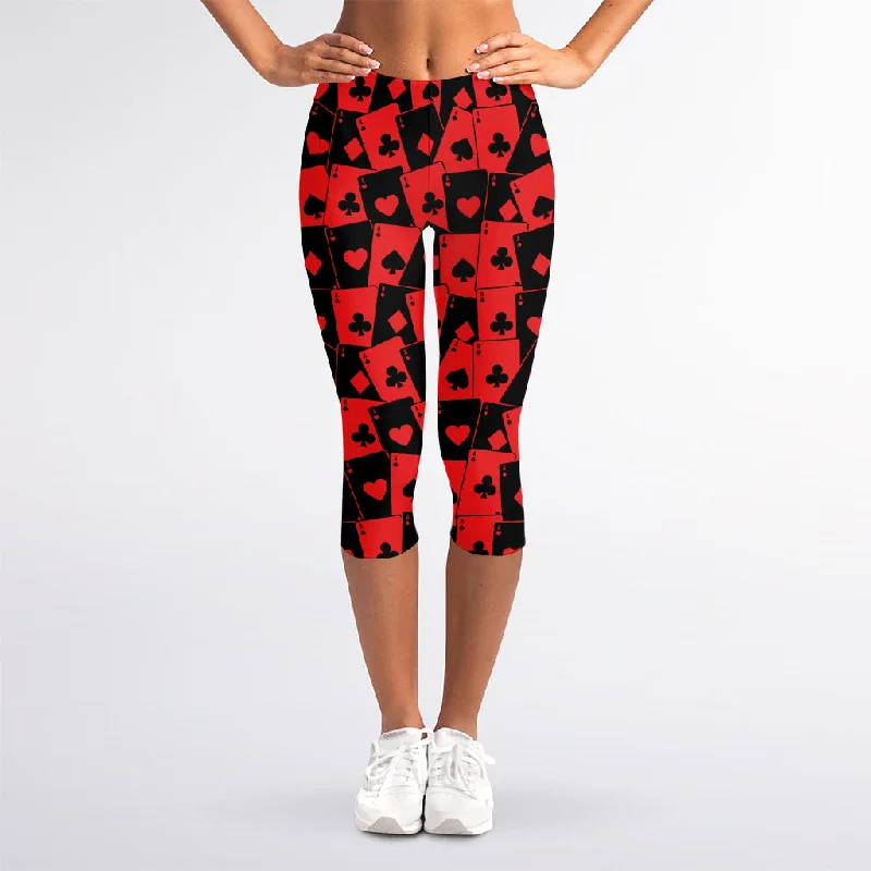 Markdown Madness Black And Red Casino Card Pattern Print Women's Capri Leggings