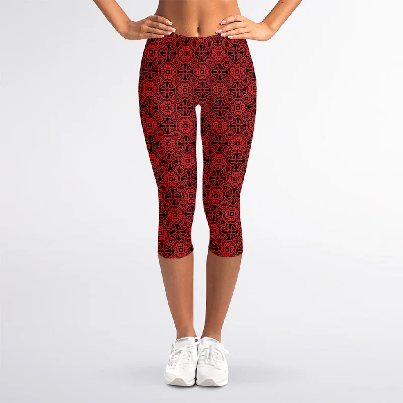 Season Finale Sale Black And Red Chinese Pattern Print Women's Capri Leggings
