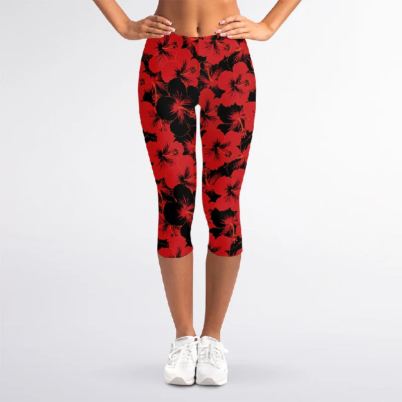 Limited Quantity Black And Red Hibiscus Pattern Print Women's Capri Leggings