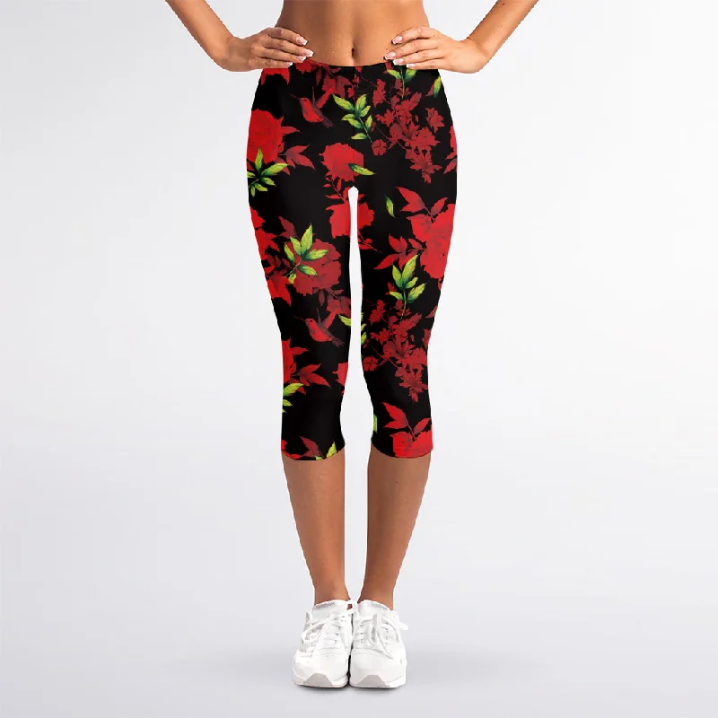 Price Slash Black And Red Roses Floral Print Women's Capri Leggings