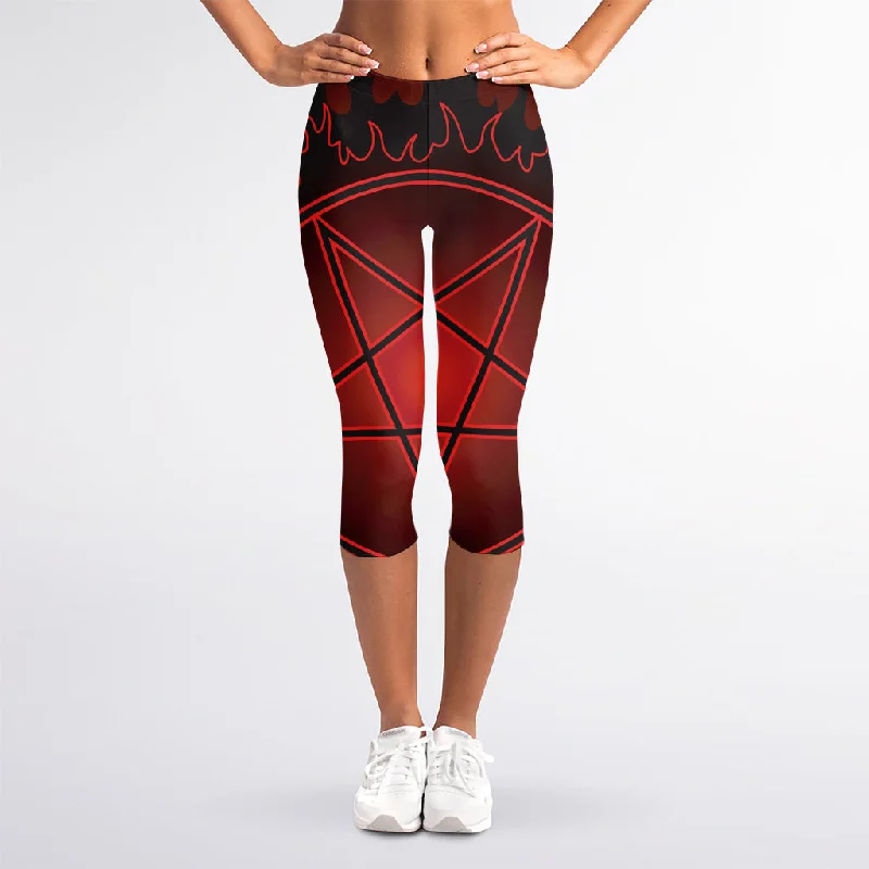 Limited Edition Black And Red Satanic Pentagram Print Women's Capri Leggings
