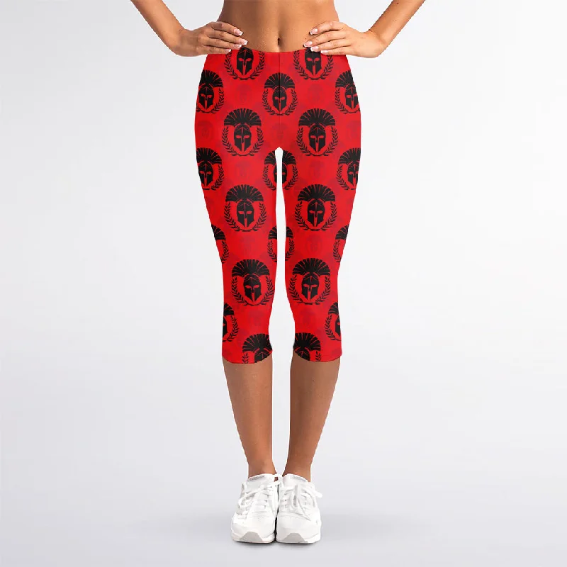 Doorbuster Deal Black And Red Spartan Pattern Print Women's Capri Leggings
