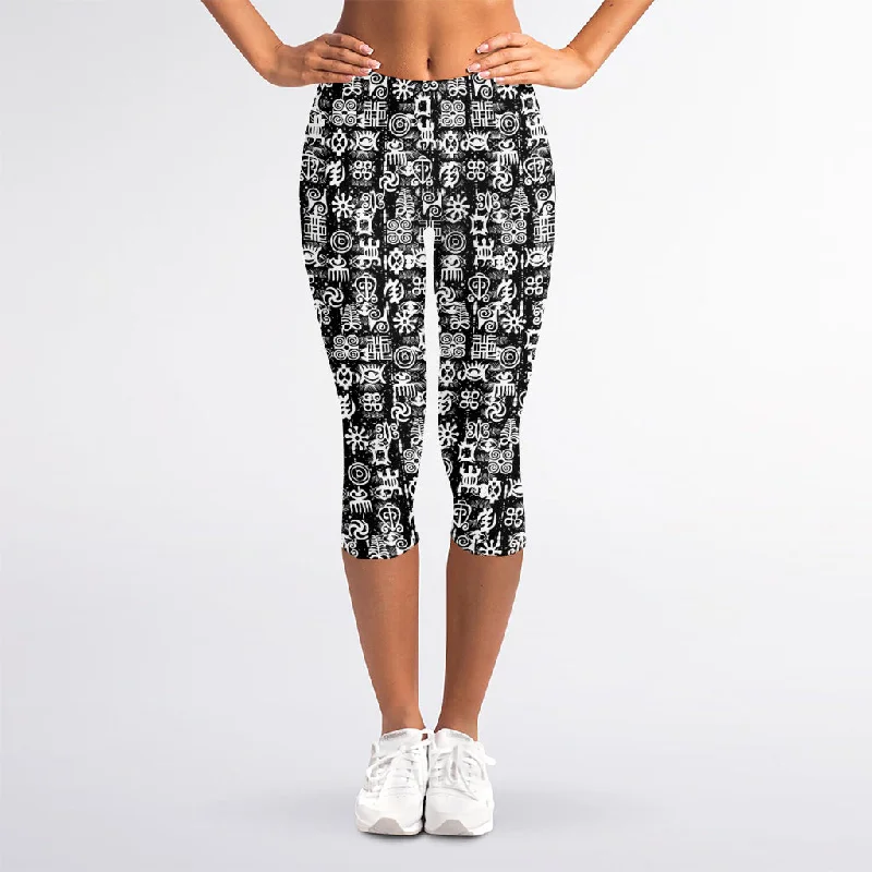Value Deals Black And White African Adinkra Symbols Women's Capri Leggings