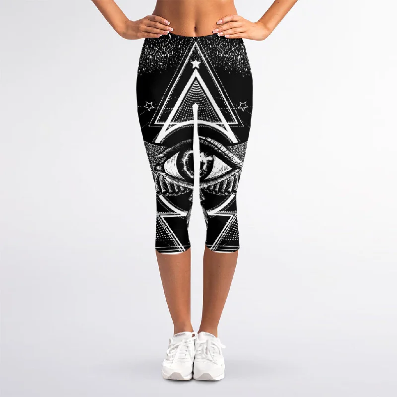 Limited Stock Black And White All Seeing Eye Print Women's Capri Leggings