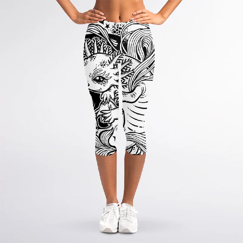 Online Only Black And White Axolotl Print Women's Capri Leggings