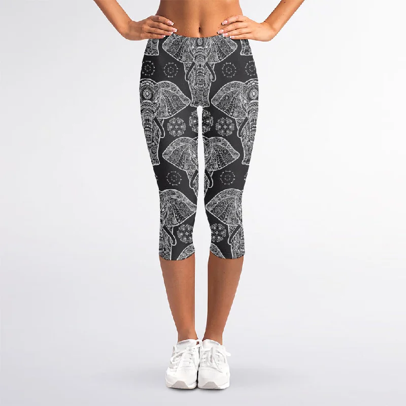 Extra Savings Black And White Boho Elephant Print Women's Capri Leggings