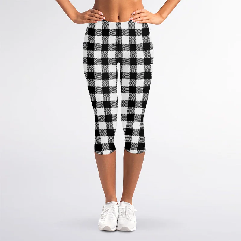 Price Drop Black And White Buffalo Plaid Print Women's Capri Leggings