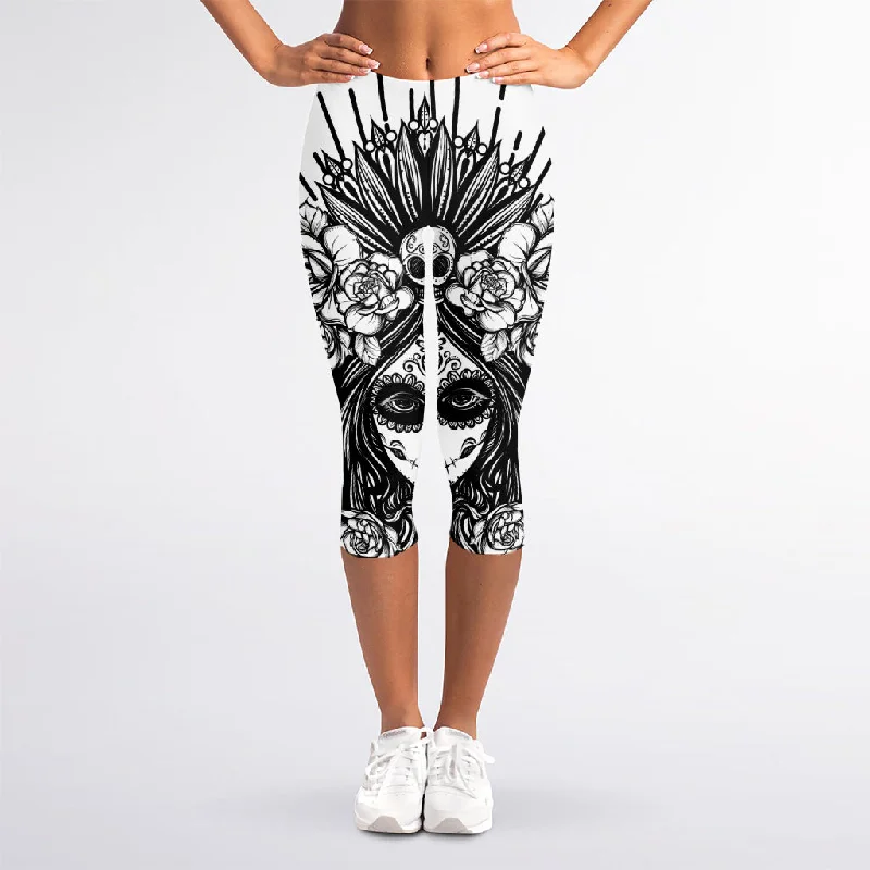 Huge Savings Black And White Calavera Girl Print Women's Capri Leggings