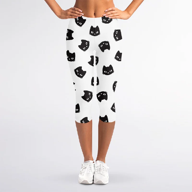 TIME-Limited Offer Black And White Cat Pattern Print Women's Capri Leggings