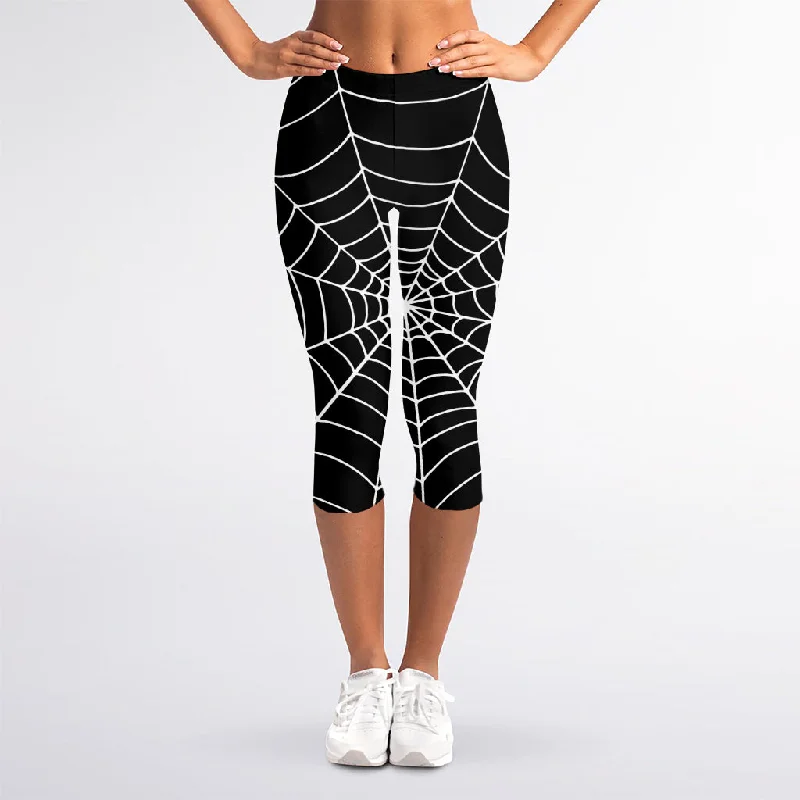 Buy Now Black And White Cobweb Print Women's Capri Leggings