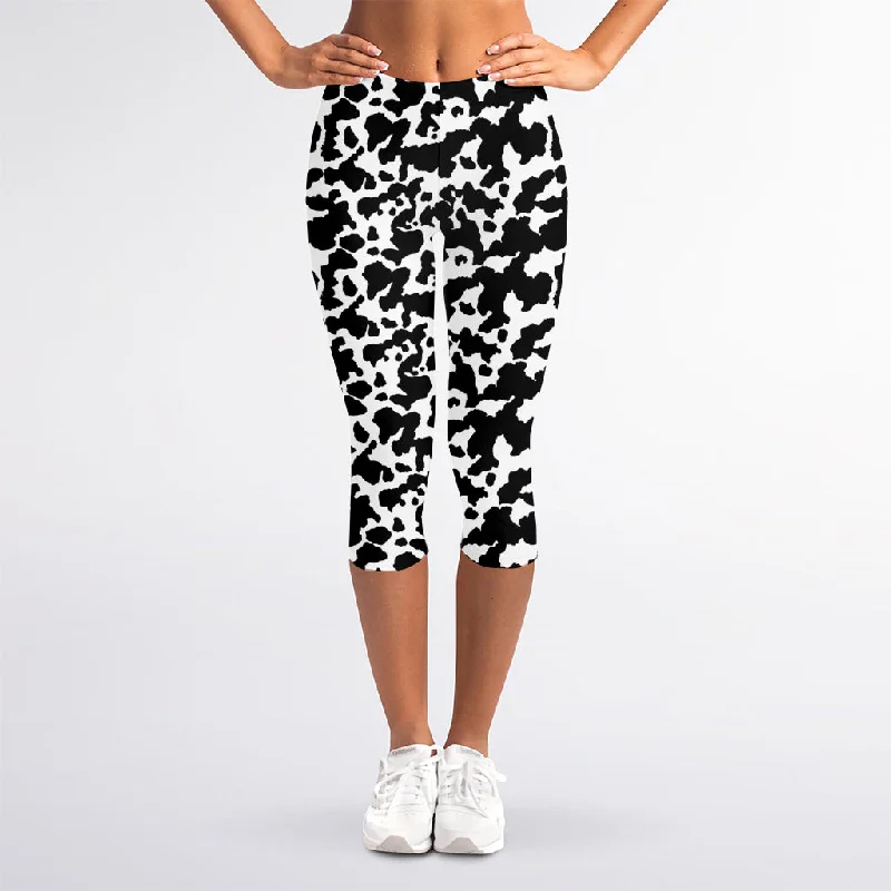 Act Fast Black And White Cow Pattern Print Women's Capri Leggings