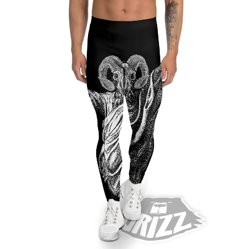 Black And White Demon Goat Print Men's Leggings