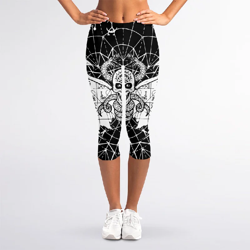 Price Blitz Black And White Demon Wicca Print Women's Capri Leggings