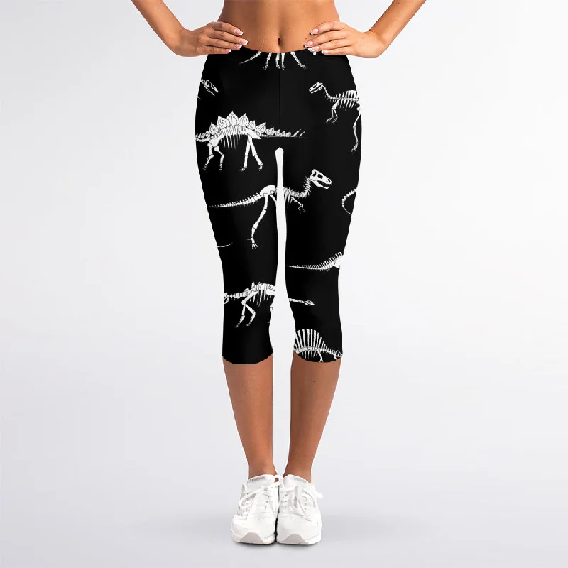 Best Bargains Black And White Dinosaur Fossil Print Women's Capri Leggings
