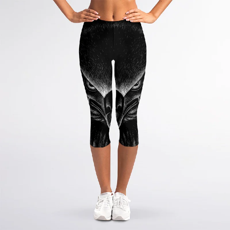 Deal Zone Black And White Eagle Print Women's Capri Leggings