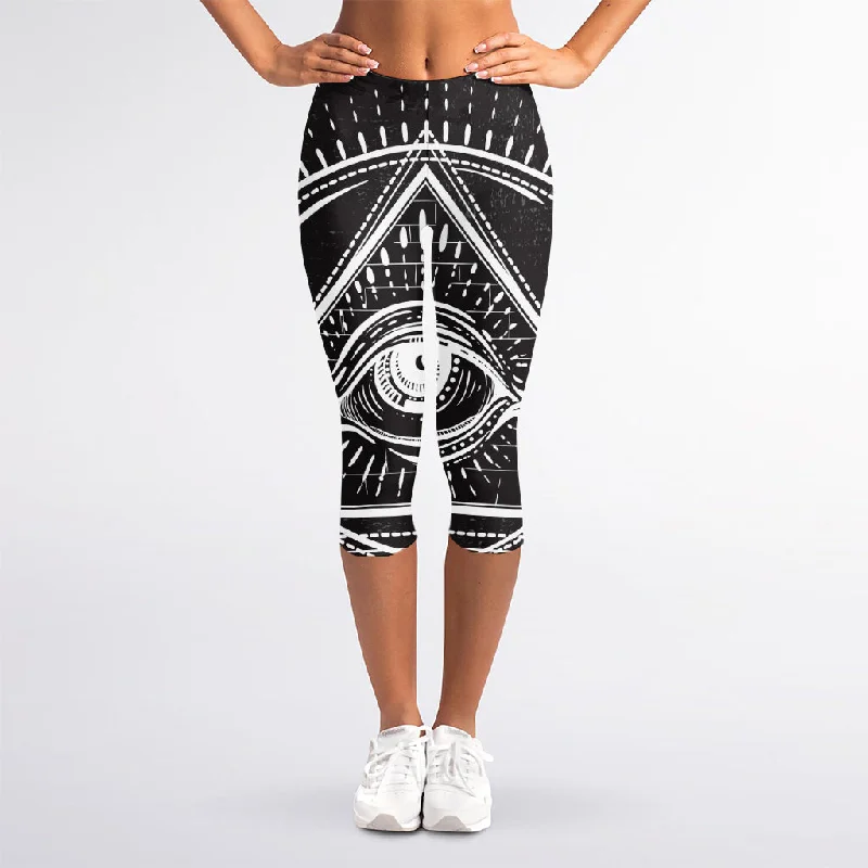 Seasonal Clearance Black And White Eye of Providence Print Women's Capri Leggings